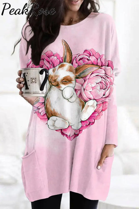 Heart-Shaped Rose Bouquet Of Bunnies Taking A Nap Tunic With Pockets