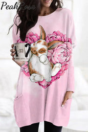 Heart-Shaped Rose Bouquet Of Bunnies Taking A Nap Tunic With Pockets S / Pink