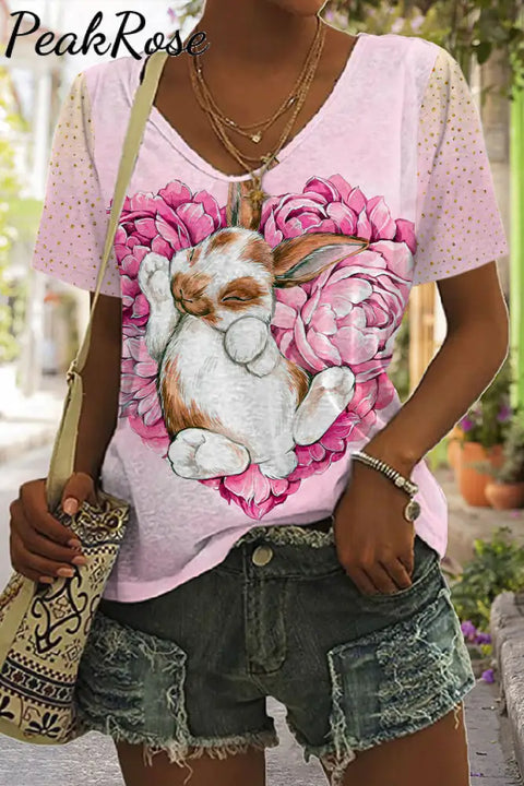 Heart-Shaped Rose Bouquet Of Bunnies Taking A Nap V Neck T-Shirt S / Pink T-Shirt