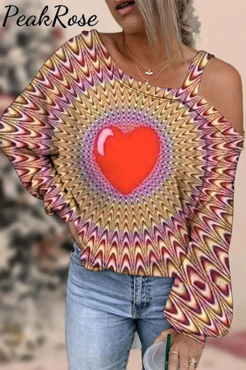 Hearts Apparent Movement Retro Print Off-Shoulder Blouse