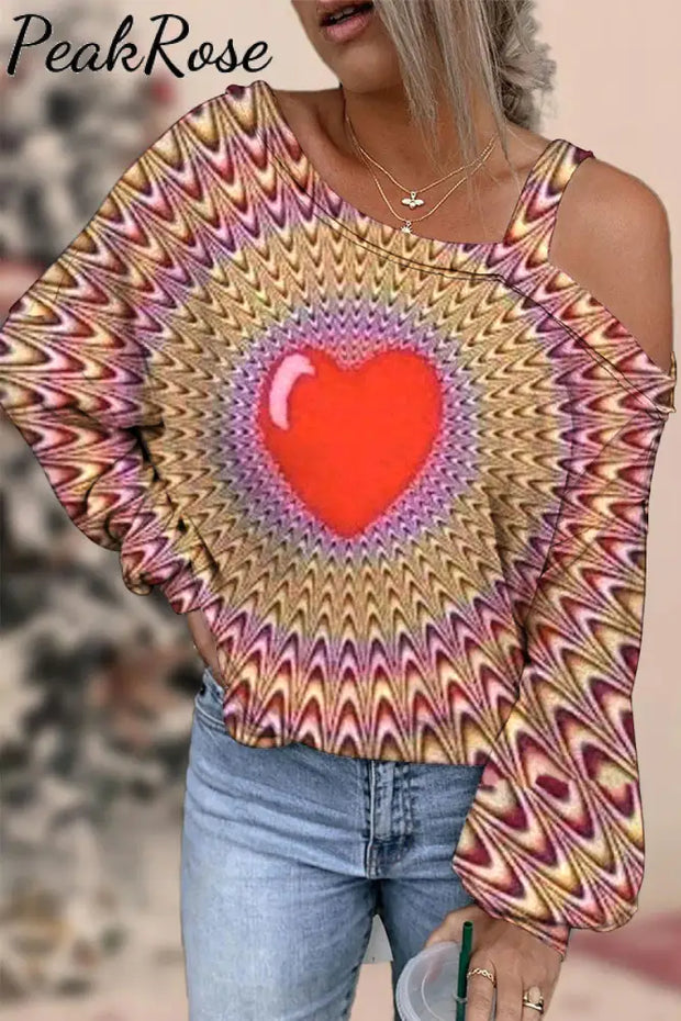 Hearts Apparent Movement Retro Print Off-Shoulder Blouse