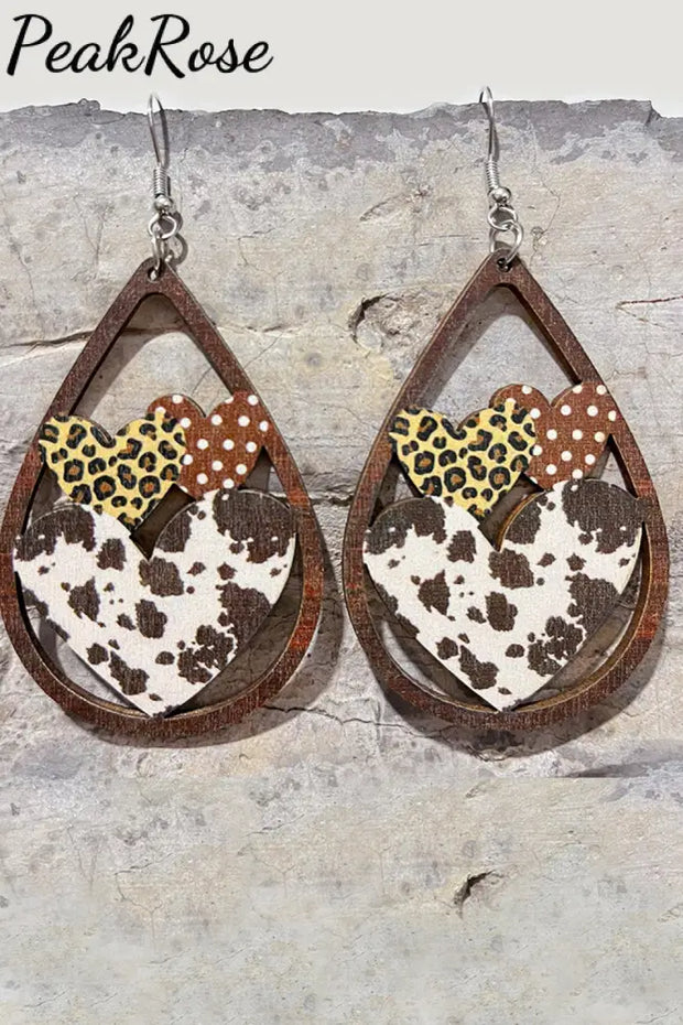 Hearts Wooden Earrings One-Size / Cow