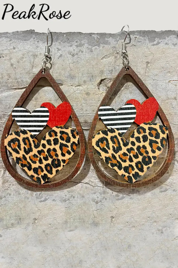 Hearts Wooden Earrings One-Size / Leopard