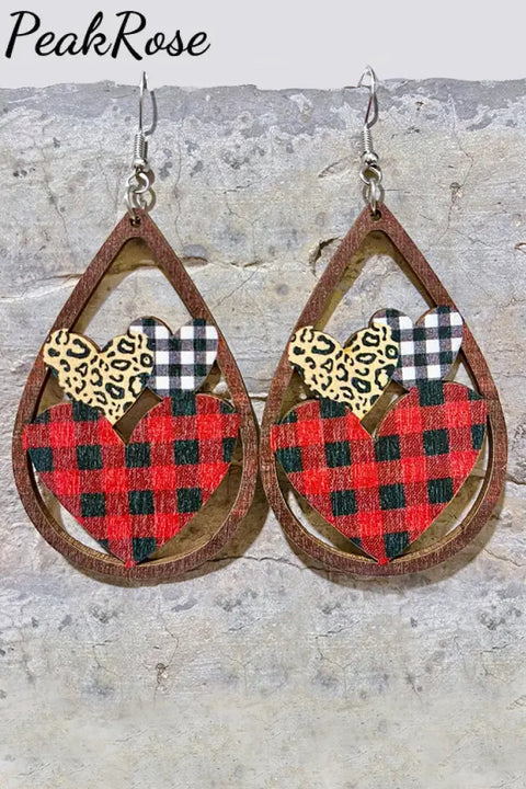 Hearts Wooden Earrings One-Size / Red Plaid