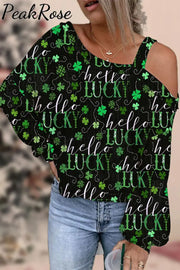 Hello Lucky St Patrick’s Day Shamrocks Black Green Vintage Printed Off-Shoulder Blouse