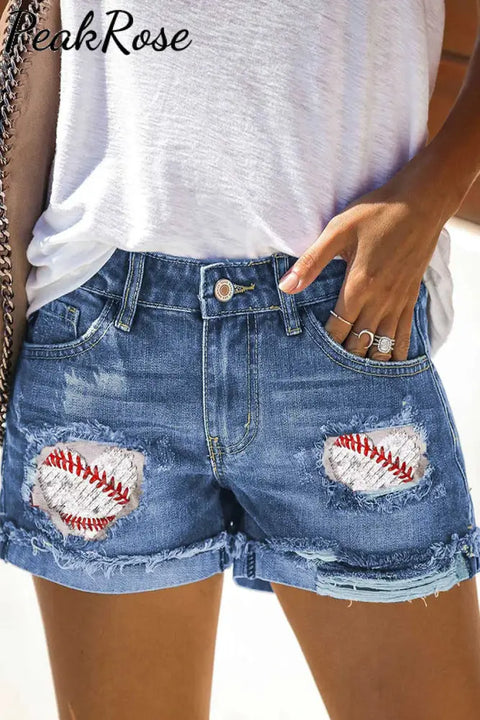 High Waist Baseball Denim Shorts S / Blue