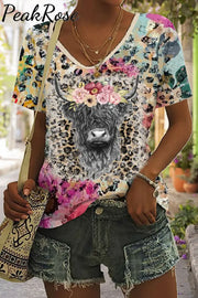 Highland Cow Floral Heifer Western Leopard Print V Neck T-Shirt T-Shirt