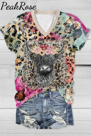 Highland Cow Floral Heifer Western Leopard Print V Neck T-Shirt T-Shirt