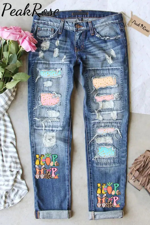 Hip Hop Easter Bunny Carrots Ripped Denim Jeans S