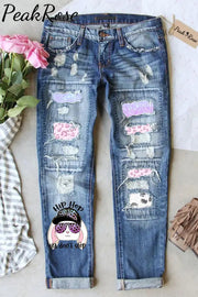 Hip Hop Ya Dont Stop Sunglasses Rabbit Gradient Leopard Print Ripped Denim Jeans