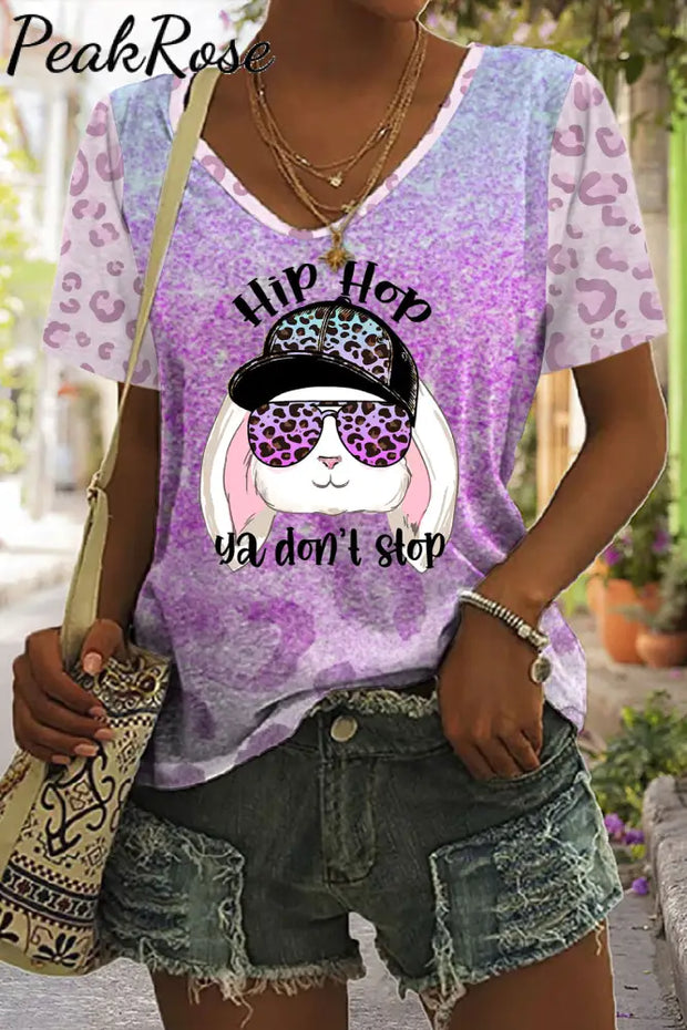 Hip Hop Ya Dont Stop Sunglasses Rabbit Gradient Leopard Print V Neck T-Shirt