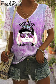 Hip Hop Ya Dont Stop Sunglasses Rabbit Gradient Leopard Print V Neck T-Shirt S / Purple