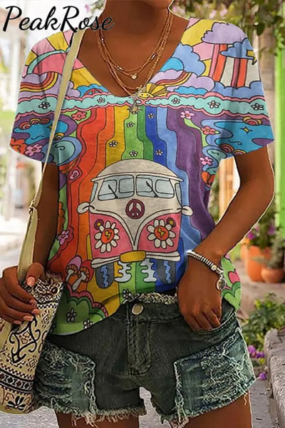 Hippie Peace Bus Rainbow Print V-Neck T-Shirt T-Shirt