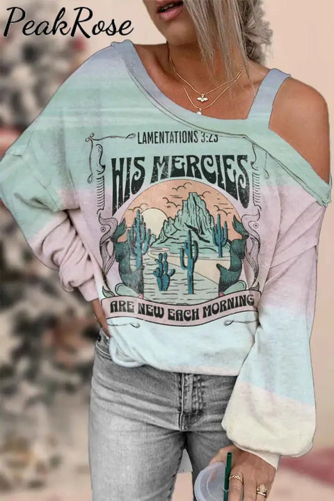 His Mercies Are New Every Morning Christian Print Off-Shoulder Blouse