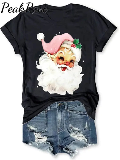 Holiday Pink Santa Print T-Shirt Black / S Christmas