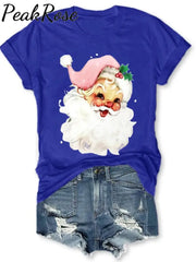 Holiday Pink Santa Print T-Shirt Blue / S Christmas