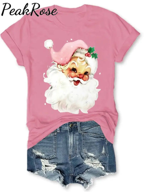 Holiday Pink Santa Print T-Shirt Christmas