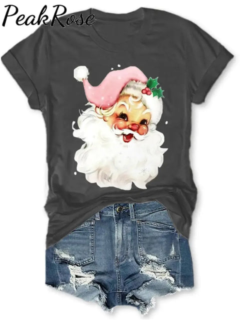 Holiday Pink Santa Print T-Shirt Dark Grey / S Christmas