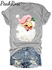 Holiday Pink Santa Print T-Shirt Grey / S Christmas