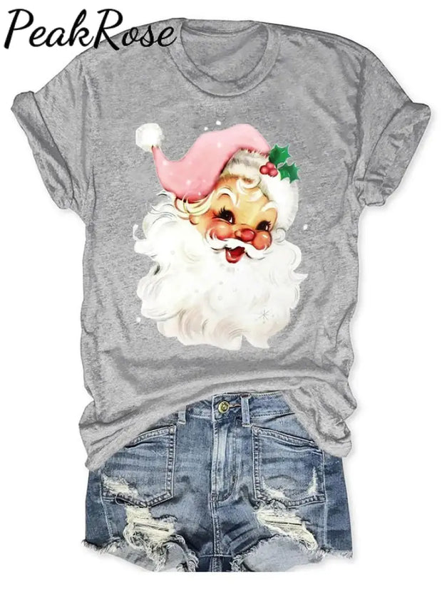 Holiday Pink Santa Print T-Shirt Grey / S Christmas