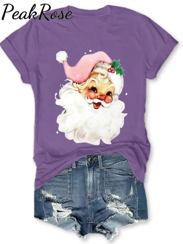 Holiday Pink Santa Print T-Shirt Purple / S Christmas