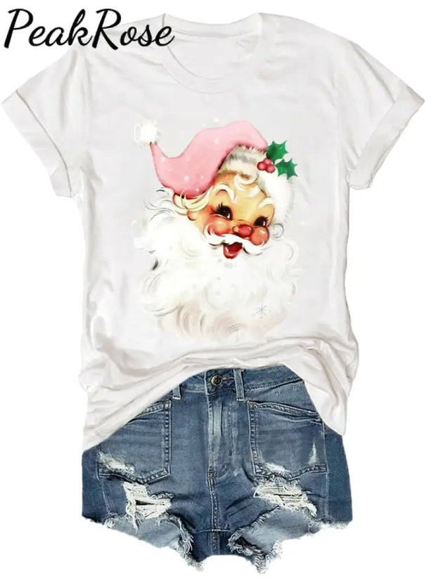 Holiday Pink Santa Print T-Shirt White / S Christmas