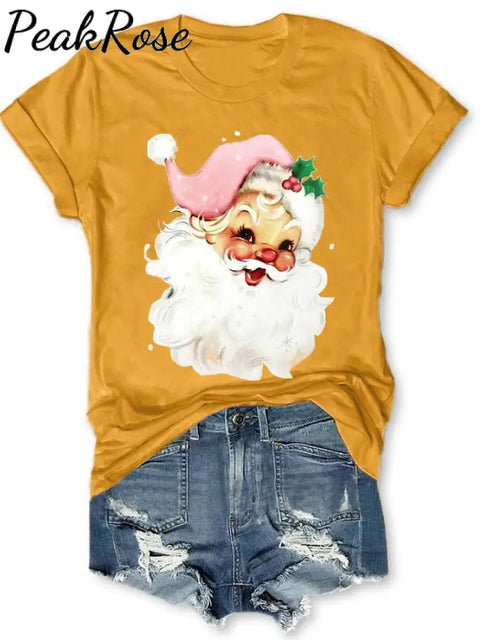 Holiday Pink Santa Print T-Shirt Yellow / S Christmas