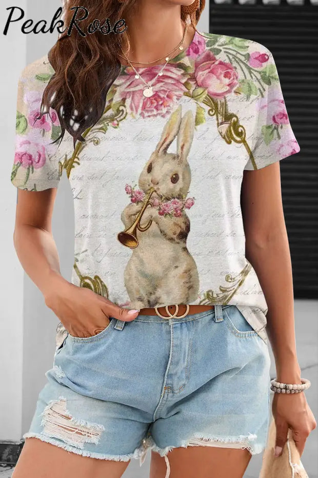 Horn Blowing Musical Instrument Bunny O Neck T-Shirt