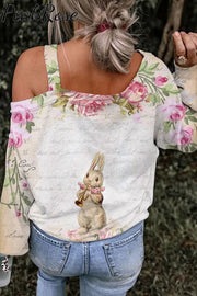 Horn Blowing Musical Instrument Bunny Off Shoulder Blouse