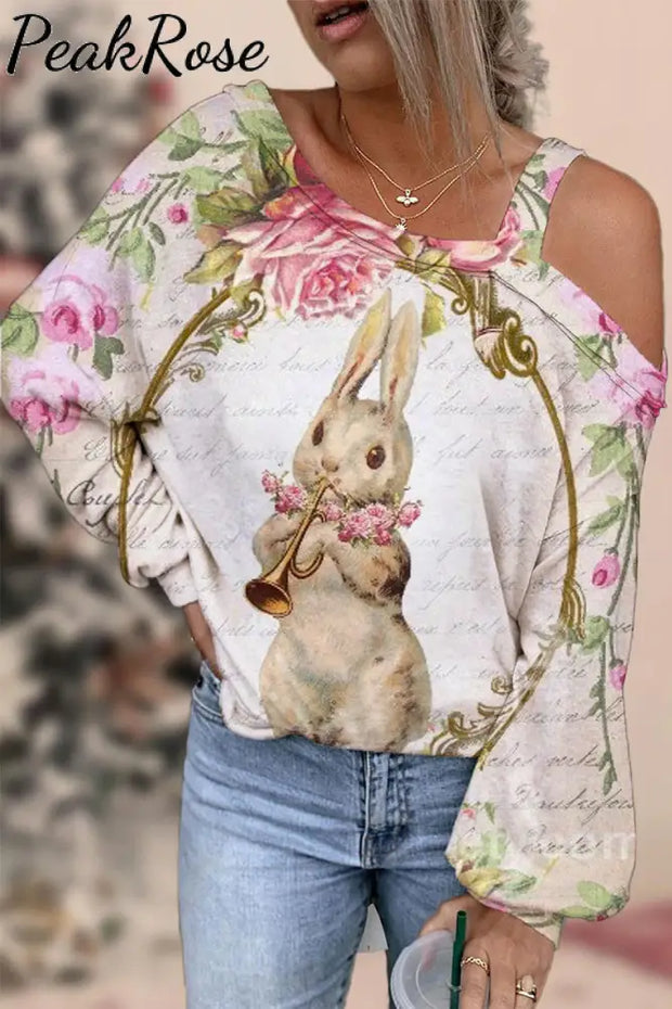 Horn Blowing Musical Instrument Bunny Off Shoulder Blouse S / Floral