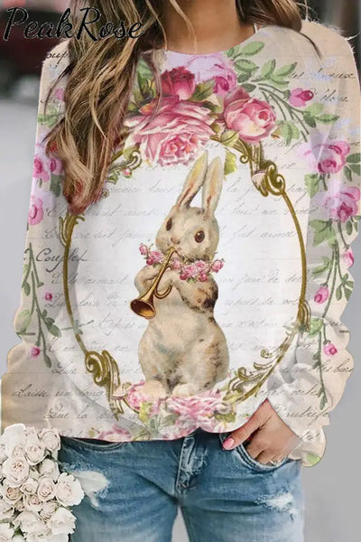 Horn Blowing Musical Instrument Bunny Sweatshirt S / Floral