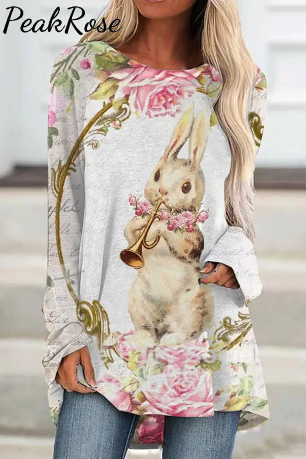 Horn Blowing Musical Instrument Bunny Tunic S / Floral