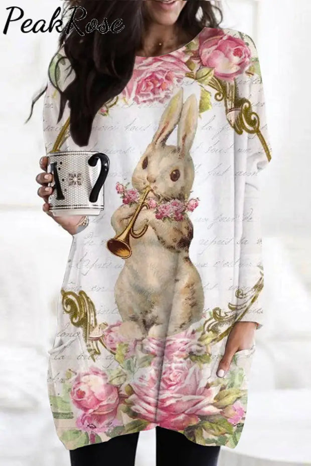 Horn Blowing Musical Instrument Bunny Tunic With Pockets S / Floral