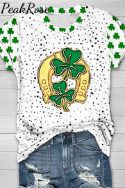 Horseshoe Clover Vintage Splash Ink Round Neck T-Shirt