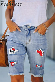 I Love Soccer Print Denim Shorts Bermuda