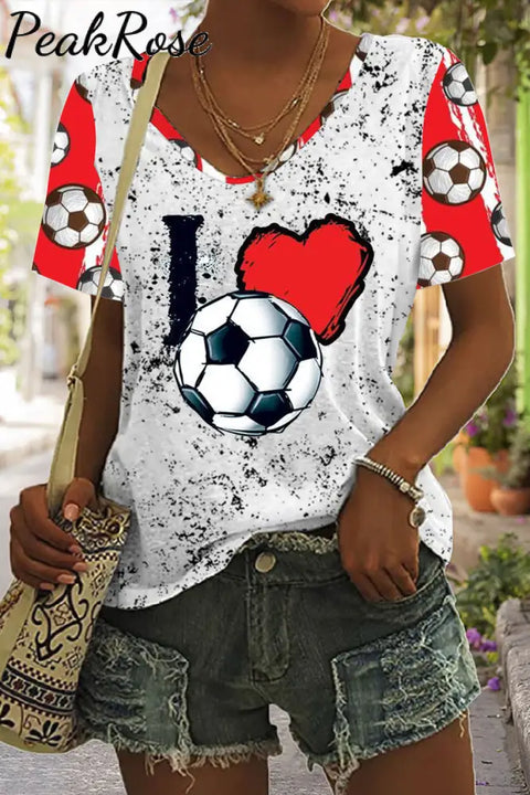 I Love Soccer Print Tie-Dye V Neck T-Shirt T-Shirt