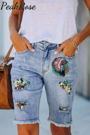 Indians Leopard Print Denim Shorts Bermuda