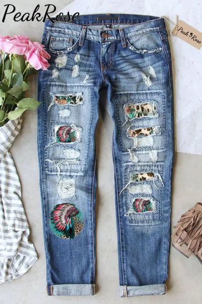 Indians Leopard Print Ripped Denim Jeans