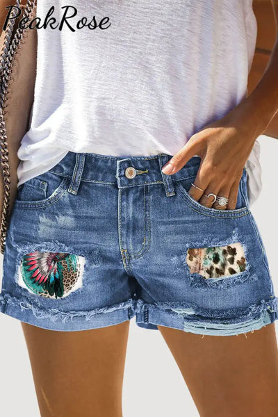 Indians Leopard Print Ripped Denim Shorts