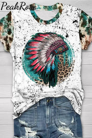 Indians Leopard Print Round Neck Short Sleeve T-Shirt