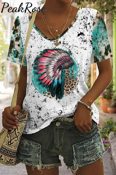 Indians Leopard Print Tie-Dye V Neck T-Shirt T-Shirt