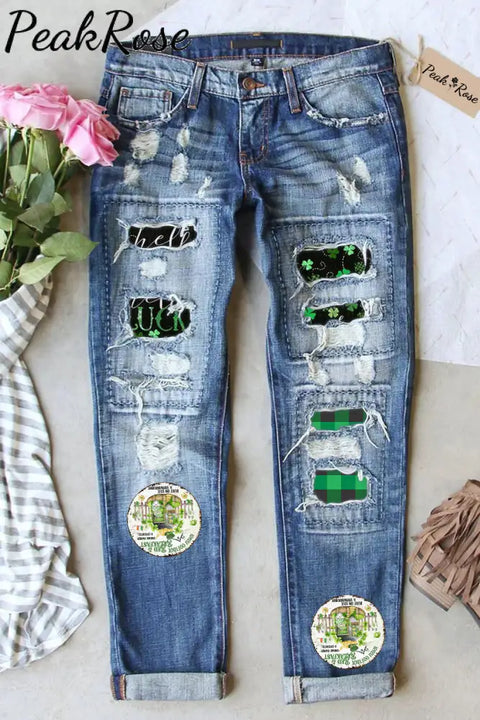 Irish Cottage Bed & Breakfast Gnome Owned Operated Ripped Denim Jeans S