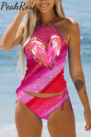 Irregular Pink Gold Flash Striped Sequin Heart Halter Swimsuit