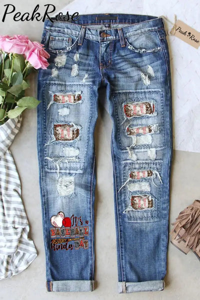 It Is A Baseball Kinda Day Print Ripped Denim Jeans S