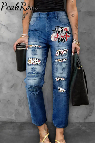 It’s A Baseball Kinda Day Printed Jeans