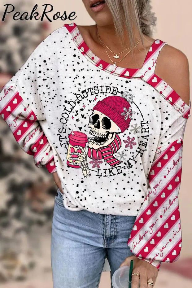 It’s Cold Outside Like My Heart Skeleton Print Off-Shoulder Blouse