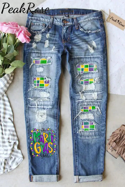 It’s Mardi Gras Y’all Colored Beads Ripped Jeans S