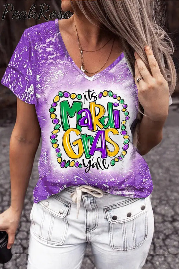 It’s Mardi Gras Y’all Colored Beads Short-Sleeved T-Shirt Purple / S