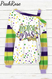 It’s Mardi Gras Y’all Fleur De Lis Striped Casual Print Off-Shoulder Blouse