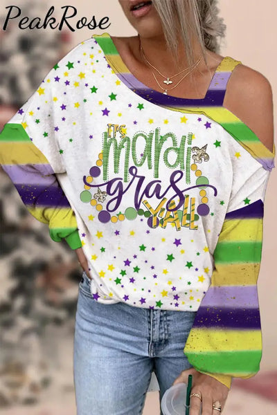 It’s Mardi Gras Y’all Fleur De Lis Striped Casual Print Off-Shoulder Blouse S / Multicolor